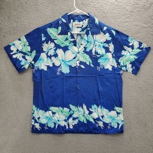 Vintage Helena's Hawaiian Shirt Mens Floral Blue Short Sleeve Button Camp